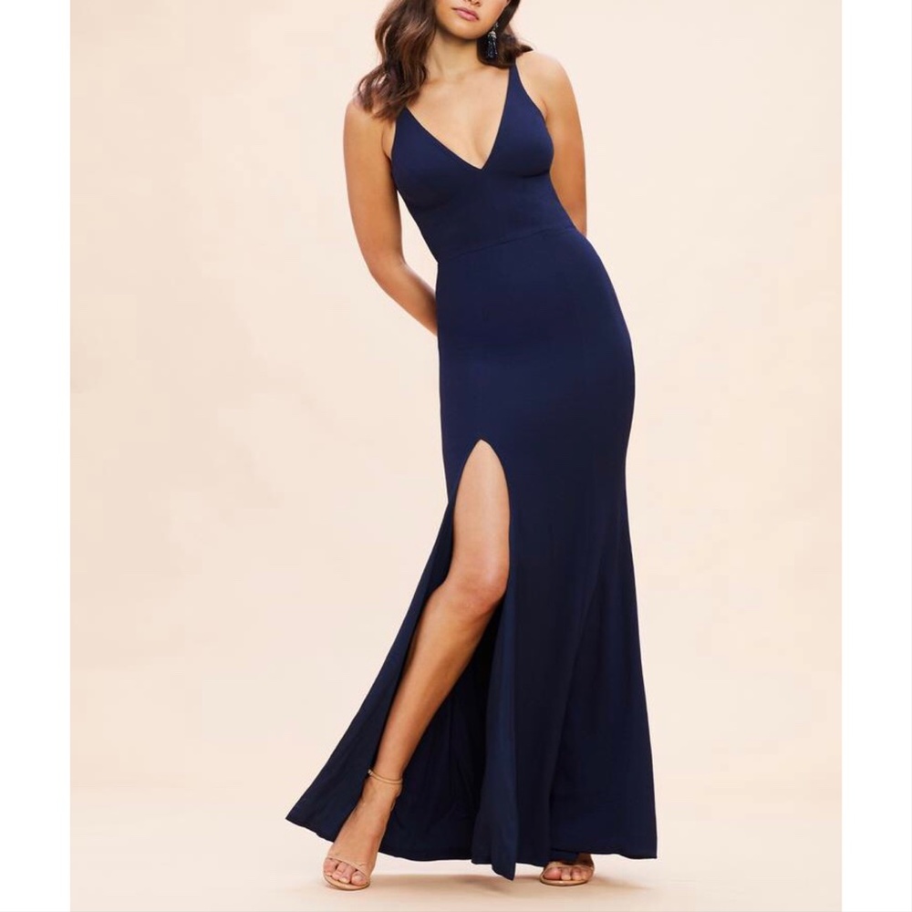 NEW Dress the Population Iris Plunge V-Neck Slit Crepe Gown
